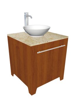 Modern bathroom sink set with ceramic or acrylic wash bowl, chrome fixtures, and wooden cabinet with granite counter, 3d illustration, isolated against a white background.