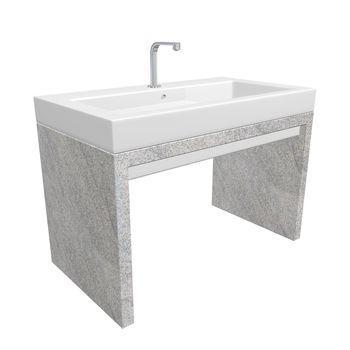Modern washroom sink set with ceramic or acrylic wash basin, chrome fixtures, and granite base, 3d illustration, isolated against a white background
