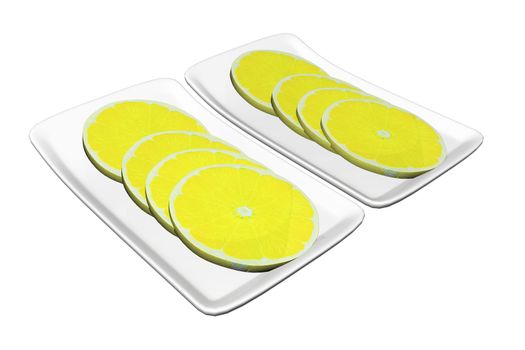 Lemon slices served on rectangular ceramic plates, 3d illustration, isolated against a white background