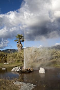 A natural geyser shooting water out of the ground and into the air