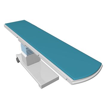 Adjustable height medical examination table or bed with blue padding, 3D illustration, isolated against a white background