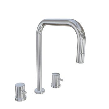 Modern faucet with chrome or stainless steel finishing, 3d illustration, isolated against a white background. Kitchen fixtures.