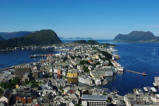 Aerial view from the mountain Aksla at the Alesund, Norway