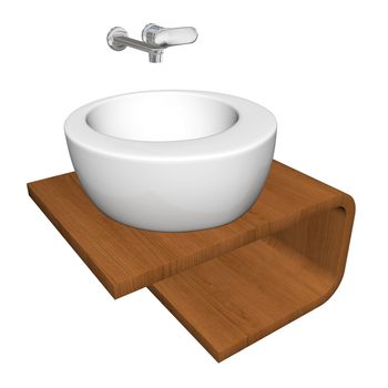Modern bathroom sink set with ceramic or acrylic wash bowl, chrome fixtures, and wooden base, 3d illustration, isolated against a white background