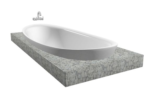 White oval bath with chrome faucet, sitting on a granite slate, isolated against a white background