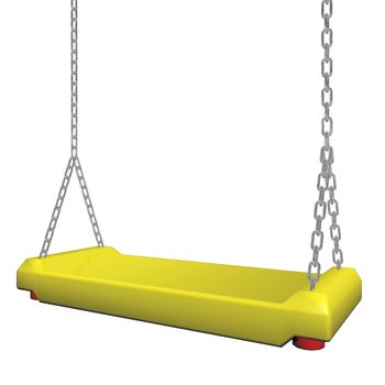 Yellow swing hanging on a chain, 3d illustration, isolated against a white background