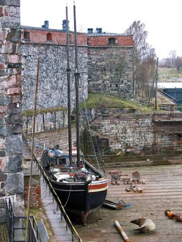 Boat in maintenance in drydock Helsinky Finland