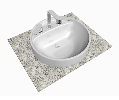 White round sink with chrome faucet, sitting on a granite table or slab, isolated against a white background