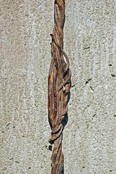 Old rusty rope of iron wires on concret wall background