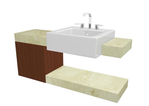 White square sink with chrome faucet, sitting on a marble table or countertop with a mohagany wooden cabinet, isolated against a white background
