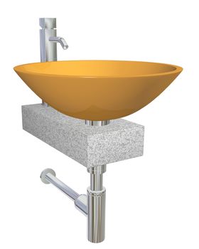 Orange bowl glass or ceramic sink with chrome faucet and plumbing fixtures, sitting on a granite table or slab, isolated against a white background