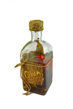 Bottle of olive oil infused with multiple spices