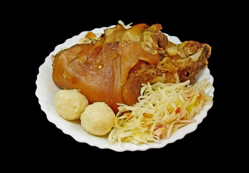 Griled pork knee with cabbage and pastry