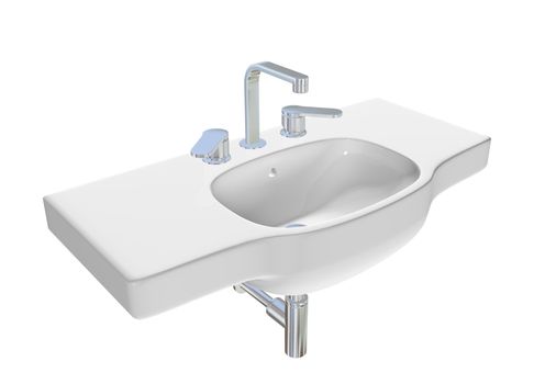 Modern washbasin or sink with chrome faucet and plumbing fixtures. 3D illustration.