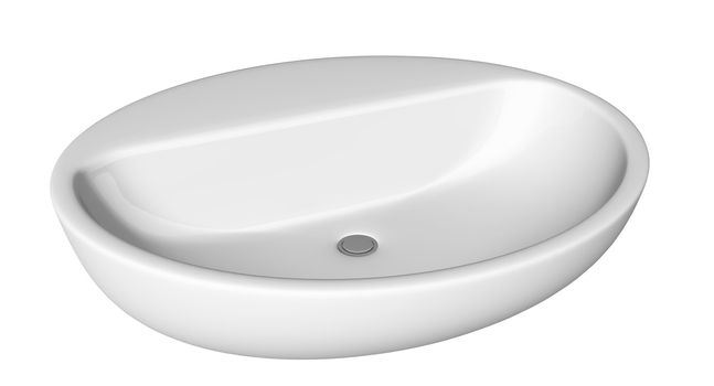 Egg-shaped and shallow washbasin or sink, isolated against a white background.