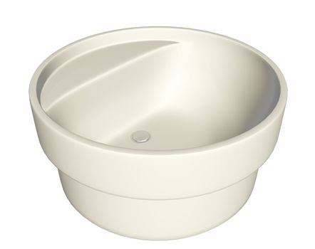 Modern cream-colored washbasin or sink with plumbing fixture, isolated against a white background.