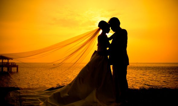 Silhouette of couple in love at sunset