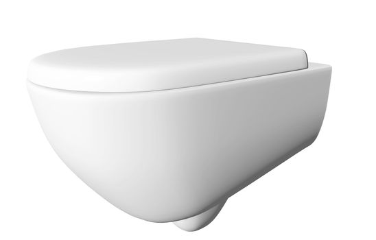 Modern white ceramic and acrylic toilet bowl and lid, isolated against a white background. 3D illustration
