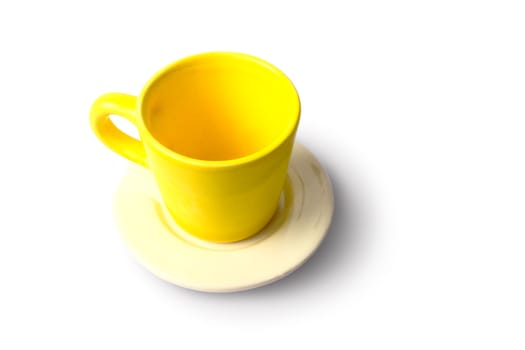 Top view of empty yellow cup with plate