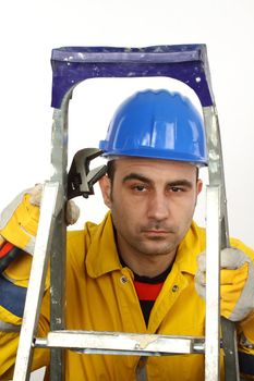 worker whit blue helmet over white background 