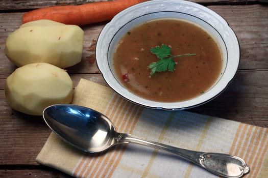 Close up of a bowl of  beef soup 