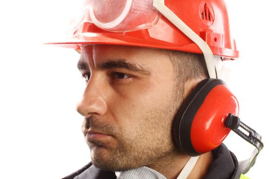 worker whit red helmet over white background