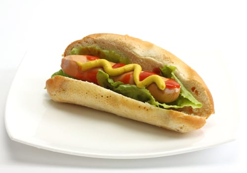 Hot dog with mustard over white background