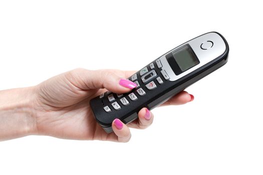 Feminine hand with telephone, rose nailwear, manicure, on white background