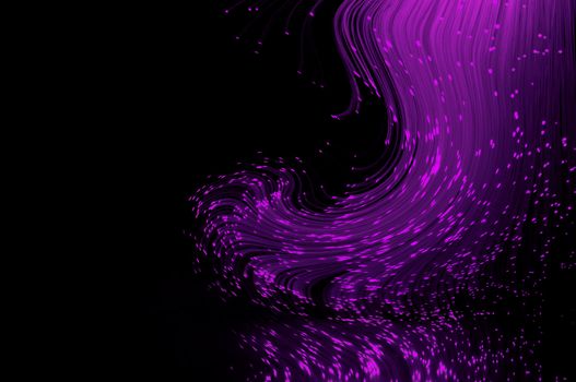 Mauve coloured fiber optic light strands swirling against a black background and reflecting into the foreground.