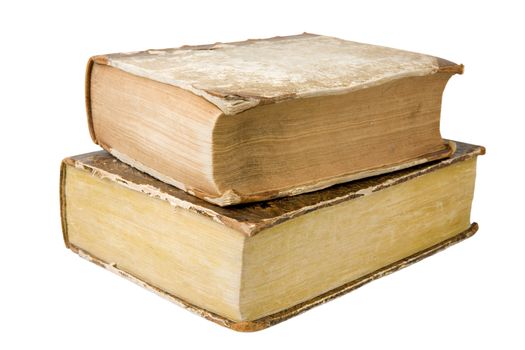 Two thick antique books isolated on a white background