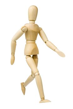 Wooden model dummy in walking position. Isolated on a white background.