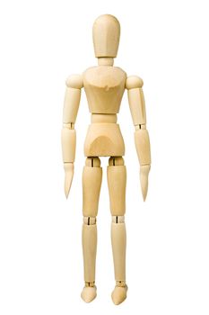 Wooden model dummy in standing position. Isolated on a white background.