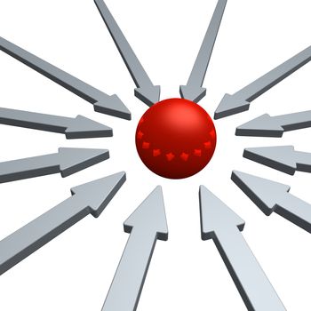 arrows and red ball in the middle - 3d illustration