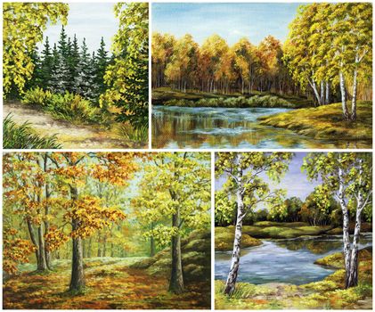 Landscape, autumn wood. Picture oil paints on a canvas, set