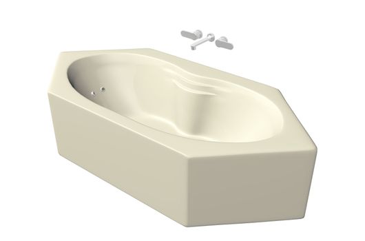 Cream colored hexagonal bubble bathtub with stainless fixtures, isolated against a white background
