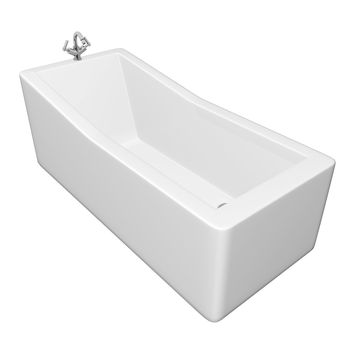 White rectangular bathtub with stainless steel fixtures, isolated against a white background