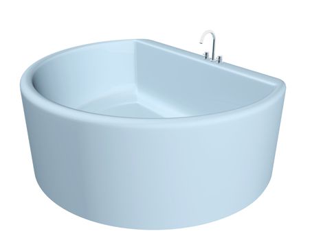 White semi-circular modern bathtub with stainless steel fixtures, isolated against a white background