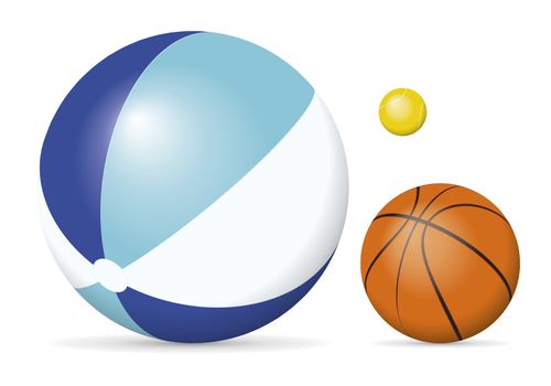 An image of a beach ball, tennis ball and a basket ball