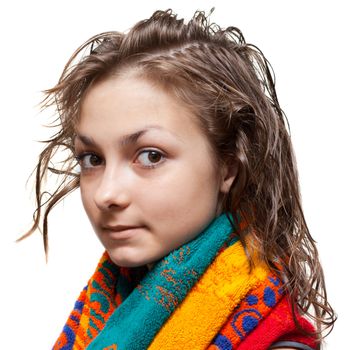 Young girl with wet hair and colour towel on neck, isolat 