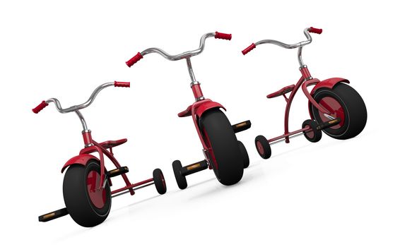 Three red tricycles. 3D render