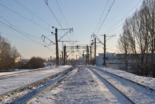 Winter and the railway is covered with snow in Russia