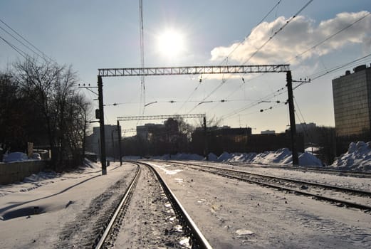 Winter and the railway is covered with snow in Russia