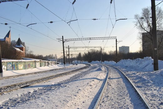 Winter and the railway is covered with snow in Russia