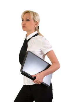 Blonde girl with a laptop isolated on a white background.
