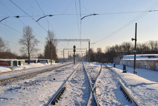 Winter and the railway is covered with snow in Russia