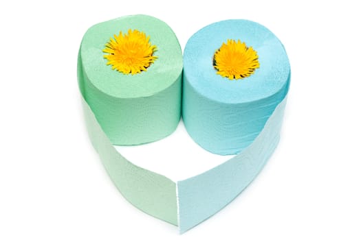 Two rolls of the toilet paper in the manner of heart with yellow colour