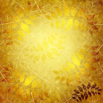 Old yellow grunge wallpaper with gold leaves