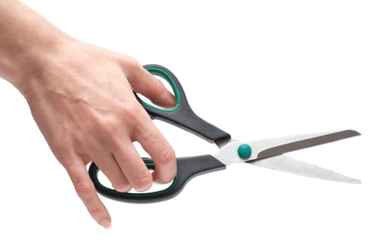 Feminine hand with scissors, plastic handles, steel blade