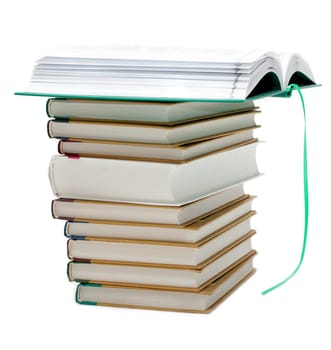 Pile of the books on white background, openning book with green bookmark