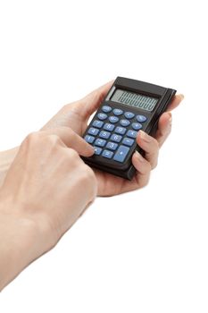 Calculator in feminine hand insulated on white background